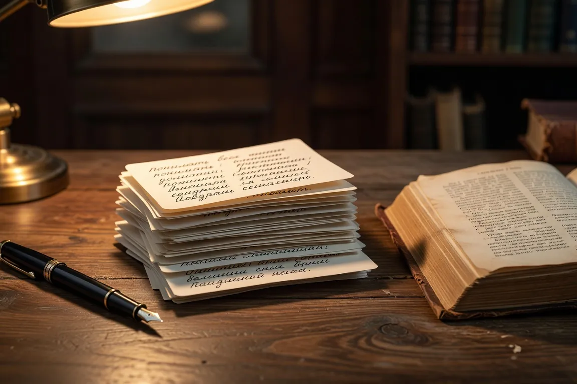 Cartes manuscrites de vocabulaire russe sur un bureau