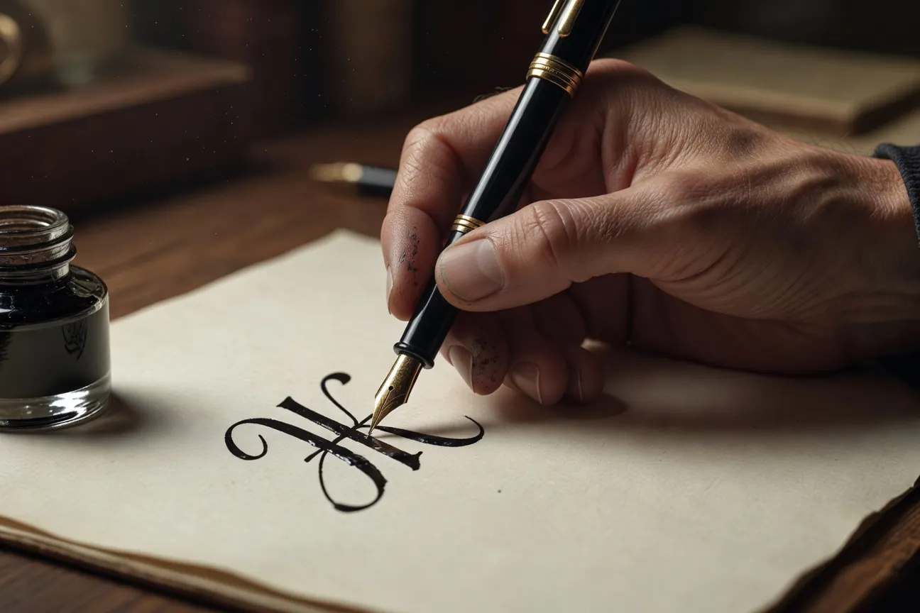 Main calligraphiant la lettre cyrillique Zh au stylo plume