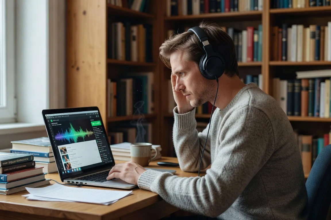 Adulte francophone apprenant l'anglais avec un podcast