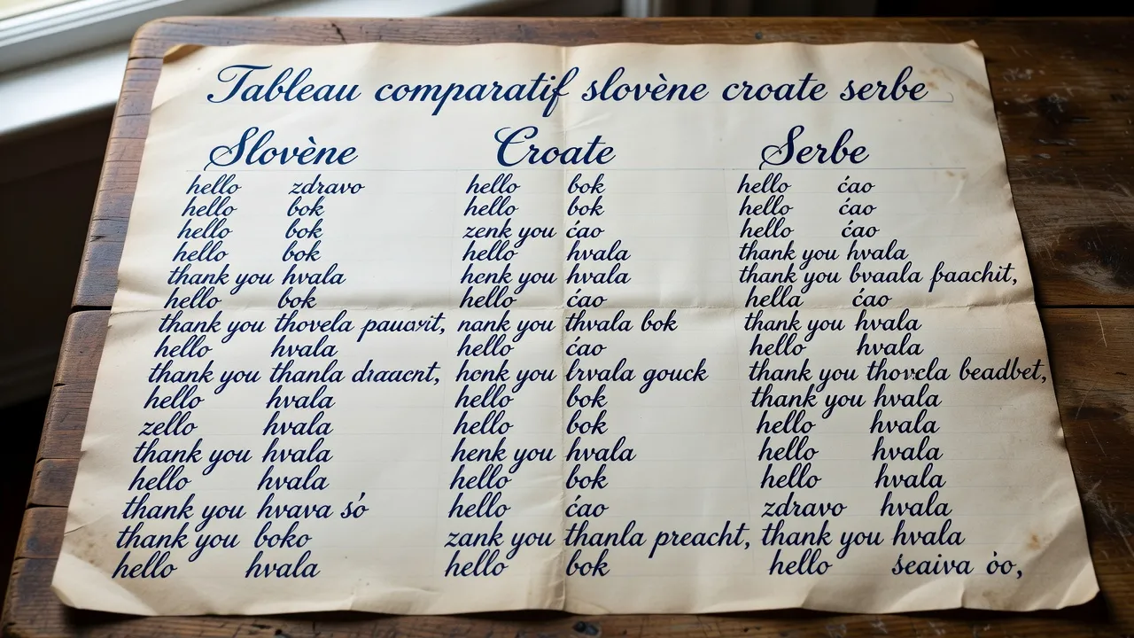 Tableau comparatif slovène croate serbe manuscrit sur papier vintage encre bleue-nuit