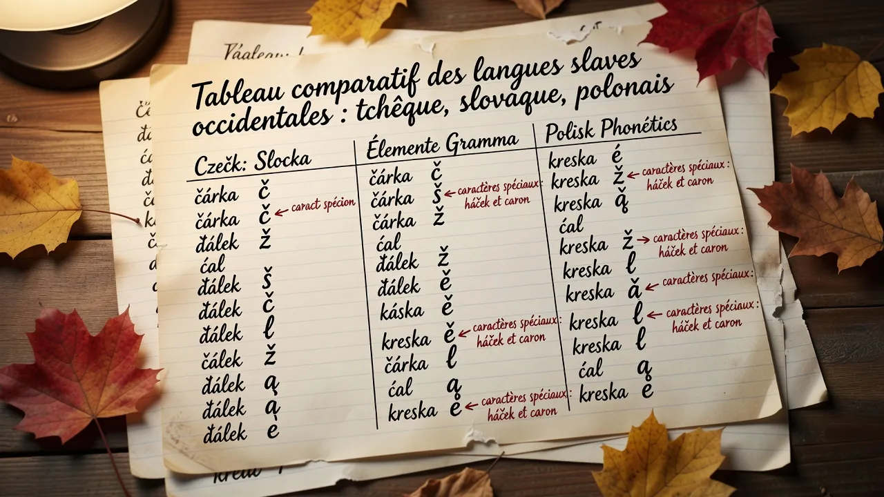 Tableau comparatif des langues slaves occidentales tchèque slovaque polonais avec caractères spéciaux manuscrits