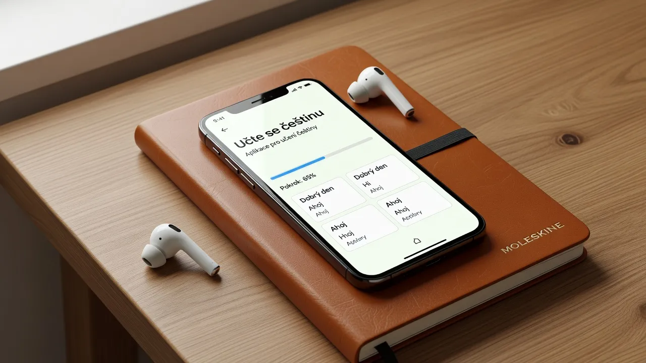 Application mobile d'apprentissage du tchèque sur smartphone avec interface minimaliste et bureau Moleskine ambré