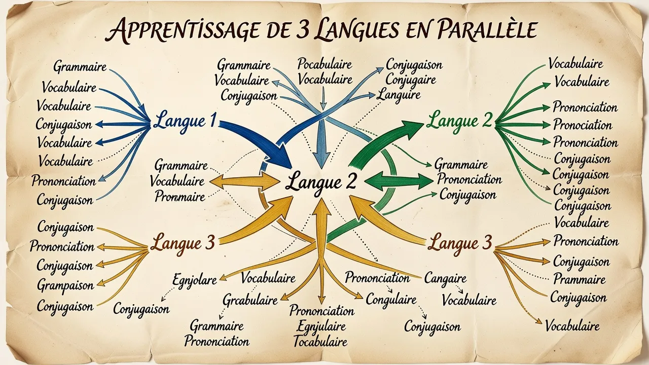 Schéma d'apprentissage de trois langues en parallèle avec flèches colorées style mind-map sur papier parchemin