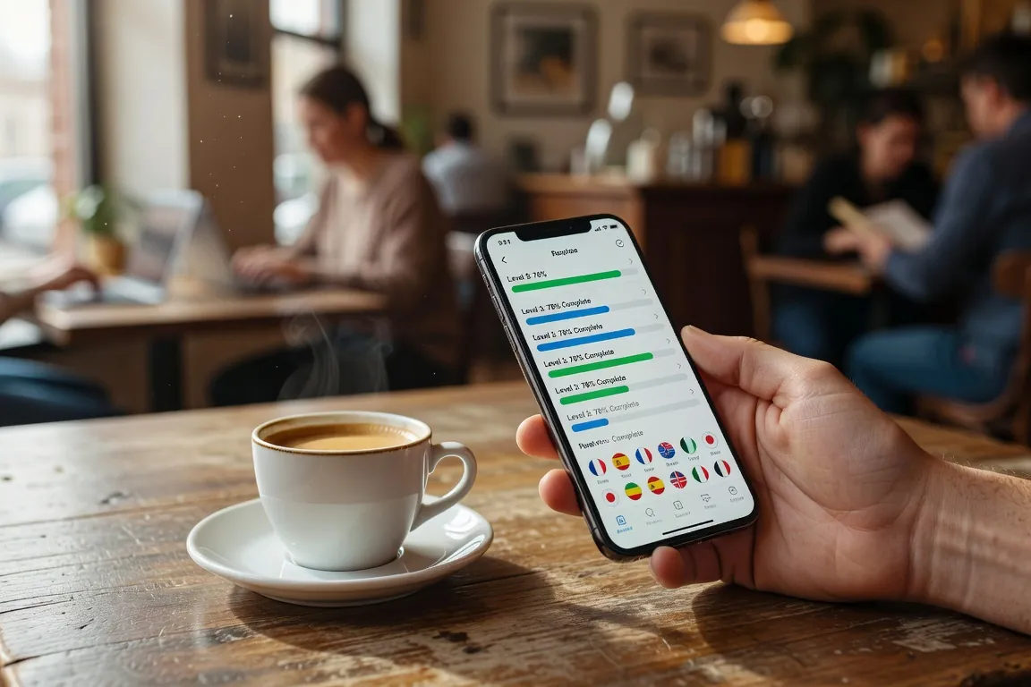 Application d'apprentissage des langues sur smartphone dans un cafe