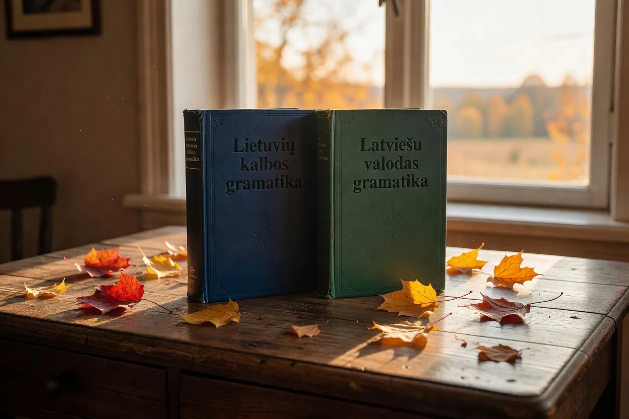 Livres de grammaire lituanienne et lettone côte à côte sur bureau en bois lumière naturelle d'automne