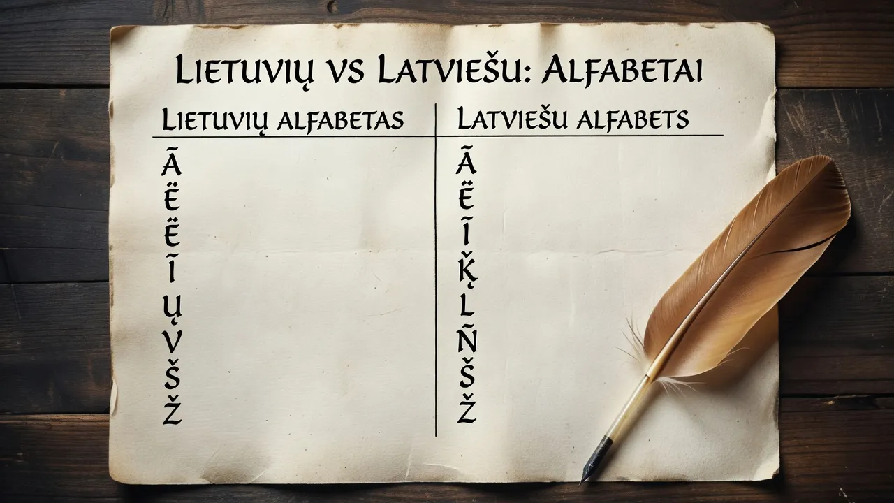 Comparaison lituanien vs letton tableau avec alphabets côte à côte sur feuille de papier texturé plume ambrée