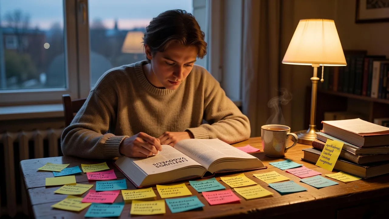 Étudiant avec manuel de lituanien et post-its de vocabulaire longs bureau cosy