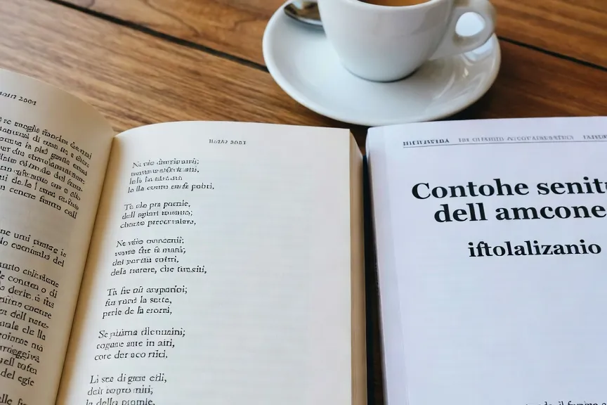 Livres de roumain et d'italien ouverts sur une table mediterraneenne