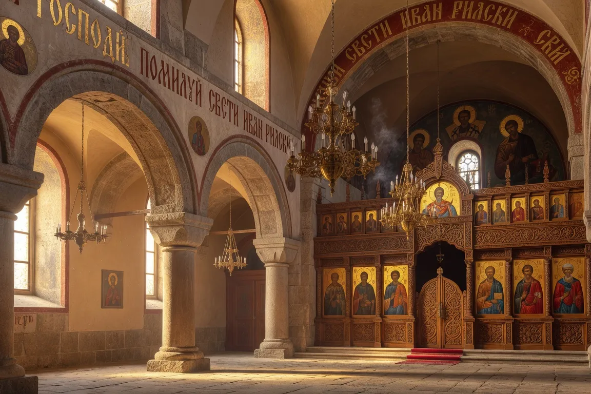 Intérieur d'une église orthodoxe bulgare avec inscriptions cyrilliques