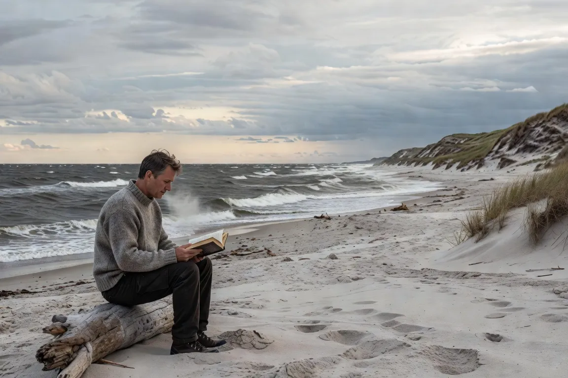 Côte baltique avec personne lisant un livre au bord de la mer