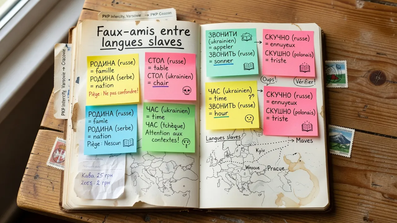 Faux-amis entre langues slaves post-its colorés avec exemples et pièges à éviter style carnet de voyage