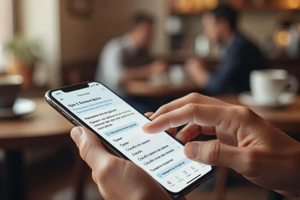 Capture d'écran d'une session Duolingo russe sur smartphone, exercice de traduction avec écriture cyrillique