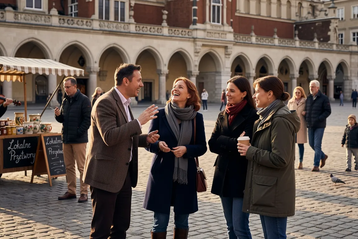 Place du marché de Cracovie avec habitants en conversation animée