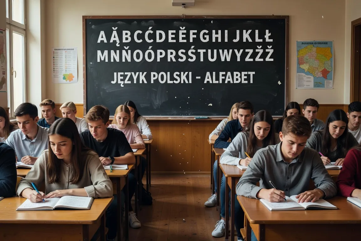 Tableau de classe avec alphabet polonais et notes de cours