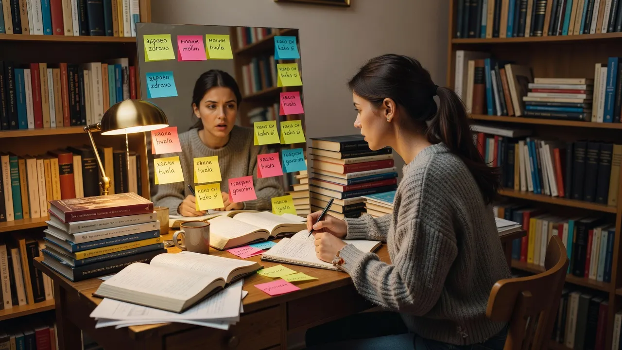 Jeune francophone répétant des phrases serbo-croates avec post-its de mots cyrilliques et latins ambiance studieuse