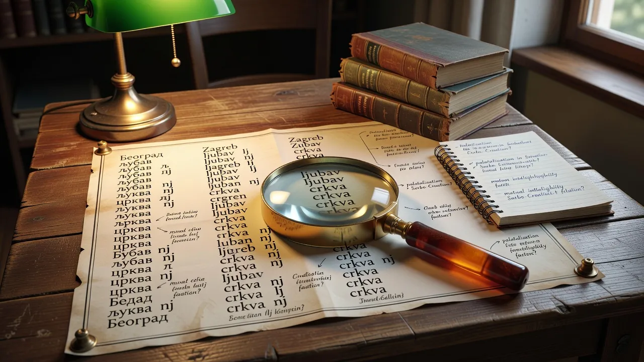 Cartes linguistiques comparant le serbe cyrillique et le croate latin sur une table de travail avec loupe ambrée