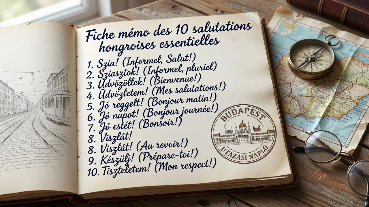Fiche mémo des salutations hongroises essentielles écriture manuscrite sur carnet de voyage tampon Budapest
