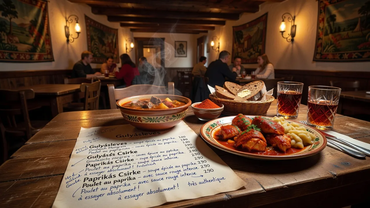 Table de restaurant hongrois avec menu en hongrois annoté en français ambiance gulyás et paprika