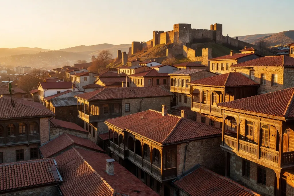 Tbilissi, vue depuis Narikala : toits anciens, balcons de bois et fleuve Mtkvari