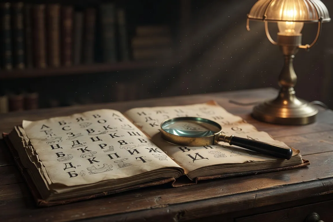 Vieux manuel d'alphabet cyrillique ouvert sous une lampe