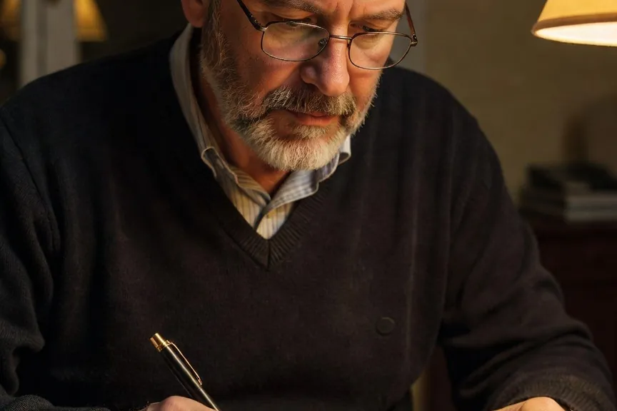 Adulte concentre etudiant une langue difficile a la lampe