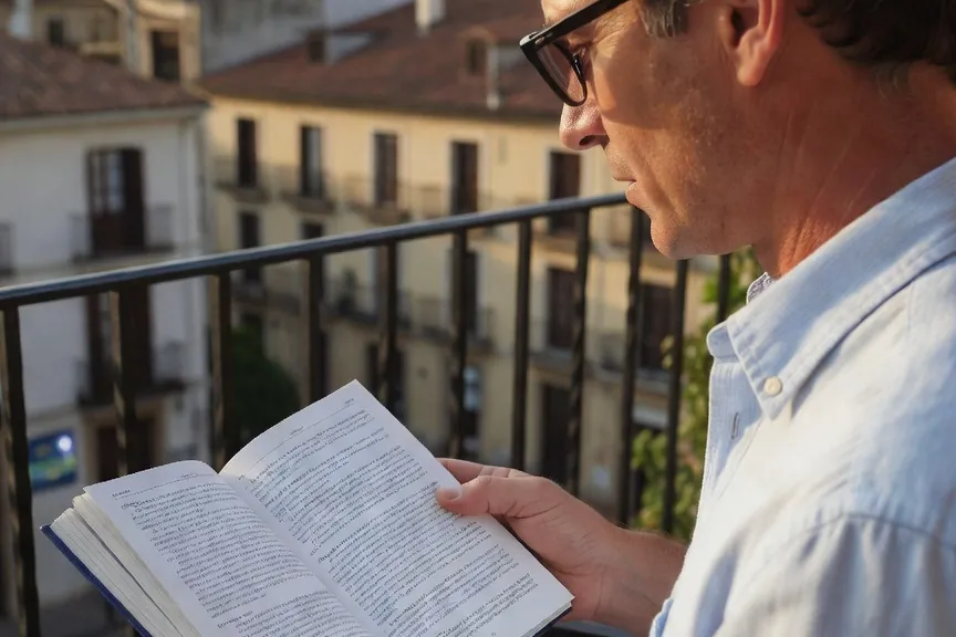 Voyageur francophone lisant un guide espagnol en terrasse