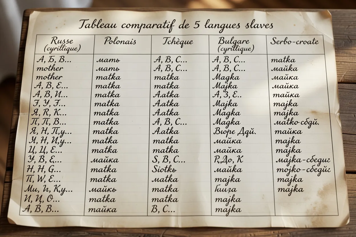 Tableau comparatif de 5 langues slaves sur papier vintage