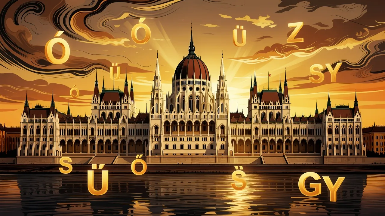 Parlement hongrois de Budapest avec lettres hongroises flottantes