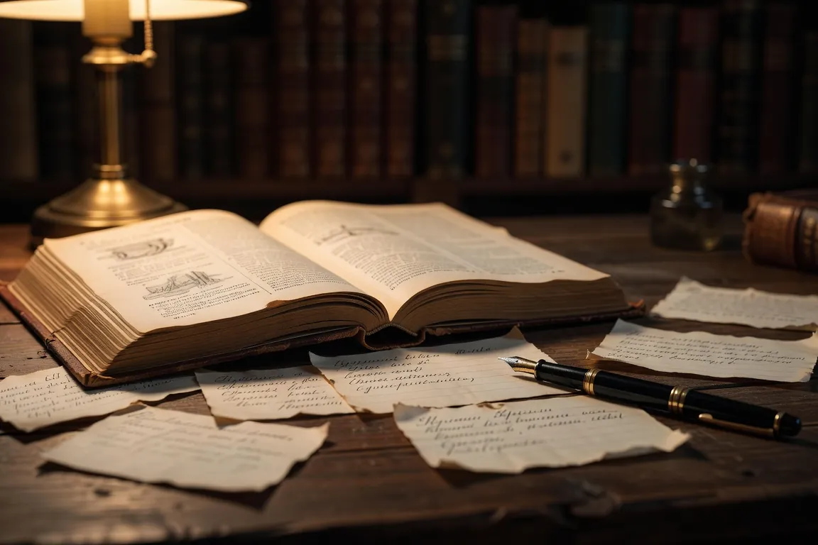 Carnet de vocabulaire russe ouvert sur une table en bois, stylo plume et tasse de thé fumant