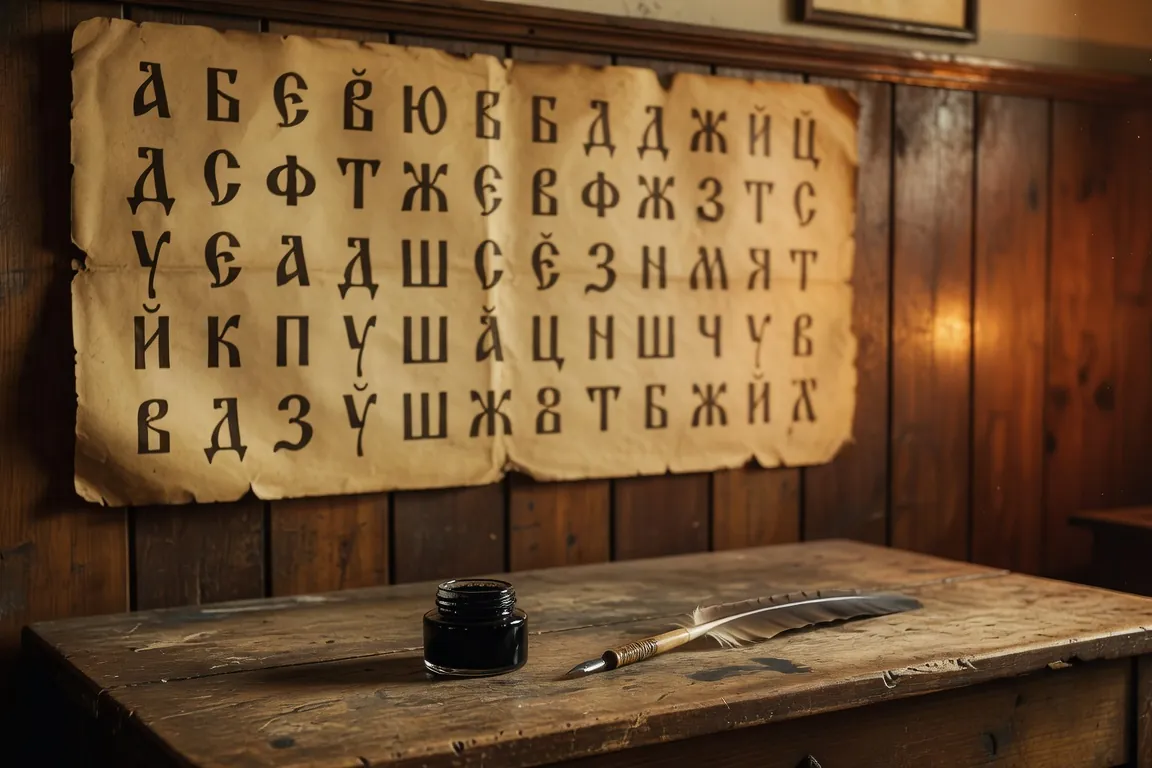 Carnet de notes ouvert avec l'alphabet cyrillique manuscrit à la plume, dictionnaire russe et tasse de thé sur table en bois