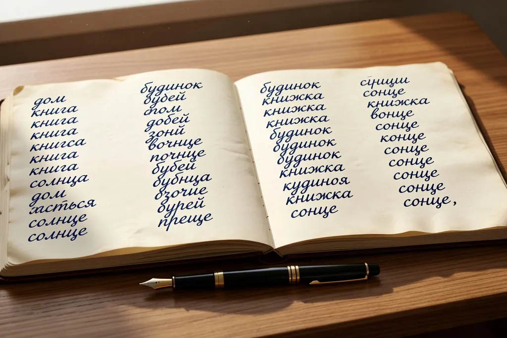 Bureau d'étude bilingue avec deux carnets ouverts, l'un sur le russe en cyrillique et l'autre sur le polonais en alphabet latin, posés côte à côte sous une lampe ambrée