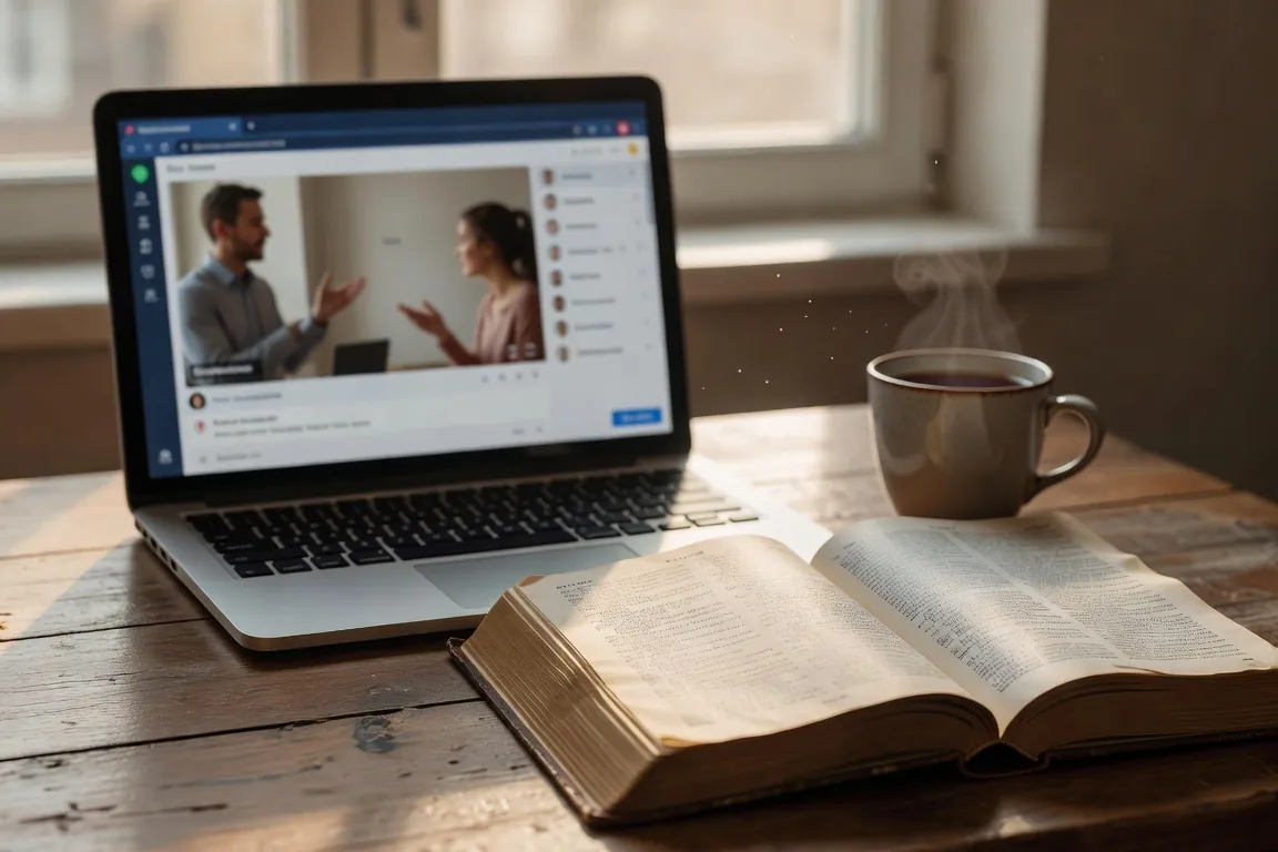 Carnet ouvert et tasse de thé devant une fenêtre londonienne, ambiance studieuse pour apprendre l'anglais