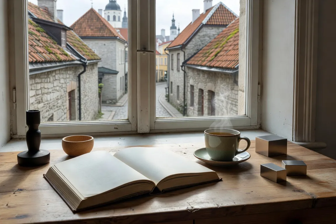 Carnet de notes ouvert sur un cours d'estonien avec stylo plume sur table en bois clair