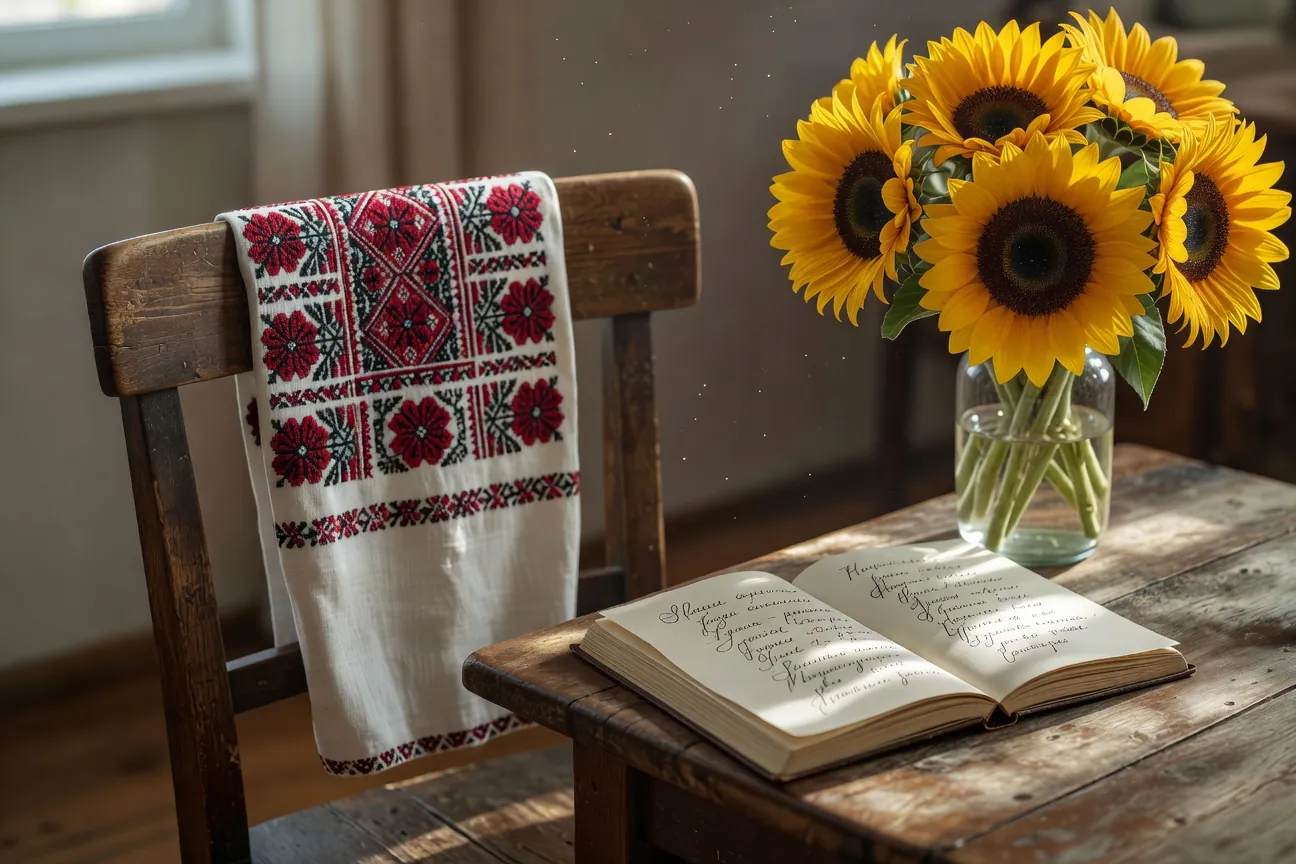 Livre de grammaire ukrainienne avec drapeau bleu et jaune en arrière-plan