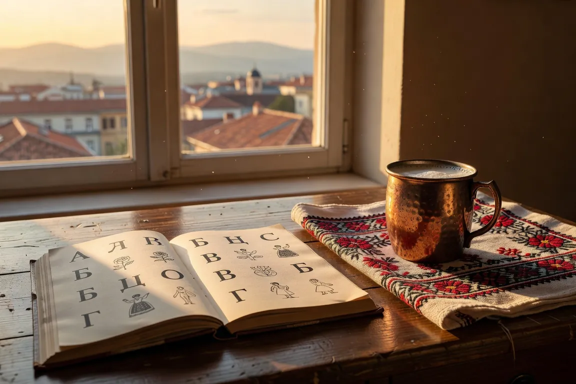 Carnet ouvert, alphabet cyrillique manuscrit et vue de Sofia au coucher du soleil
