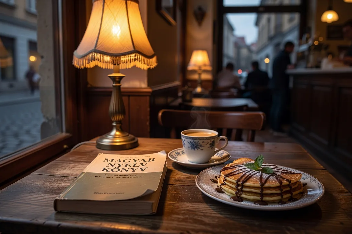 Livre de grammaire hongroise sur table en bois avec carafe de café