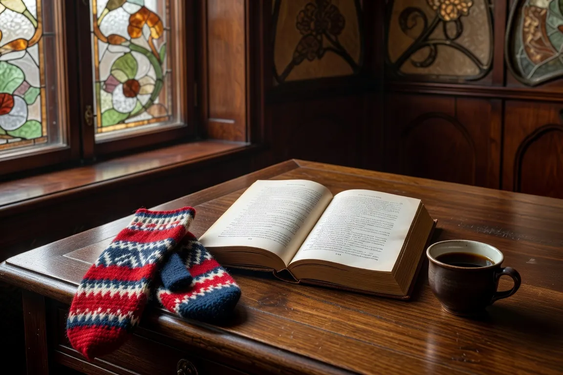 Carnet de vocabulaire letton ouvert sur une table en bois, fenêtre donnant sur la vieille ville de Riga