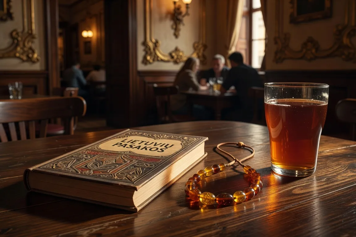 Manuel de lituanien ouvert sur une table en bois ancien à Vilnius