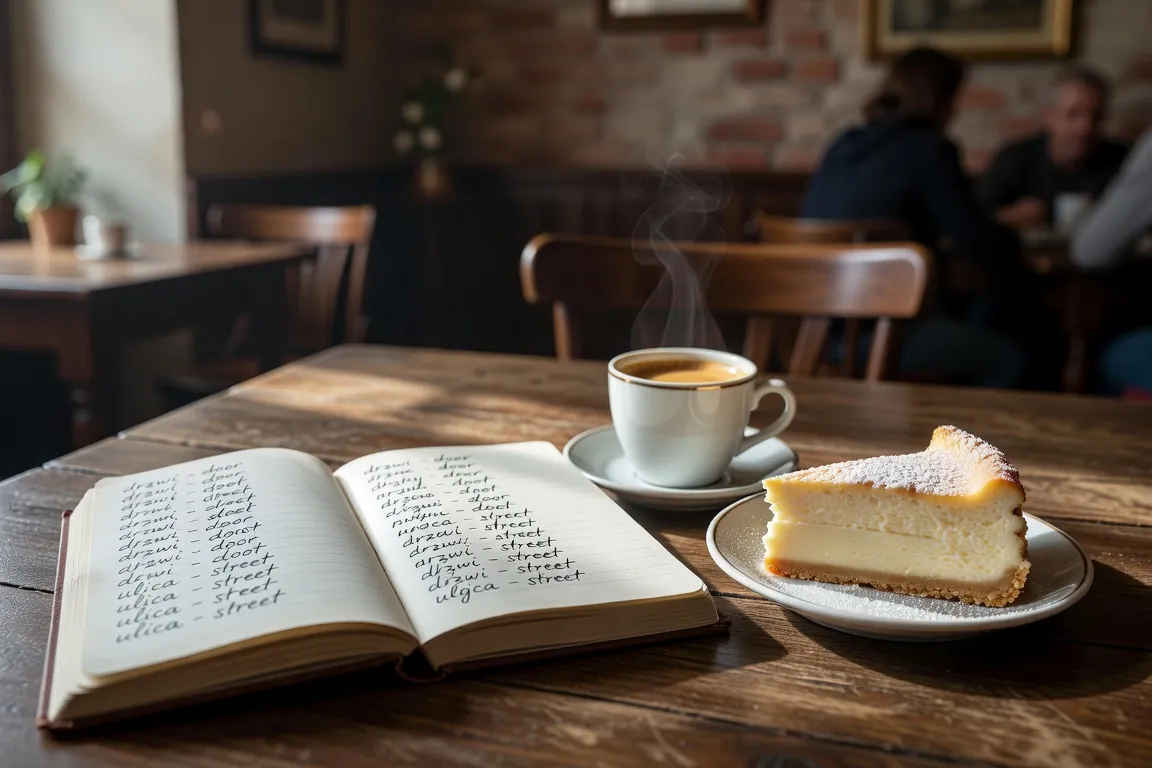 Carnet de vocabulaire polonais sur table avec café et livre de grammaire