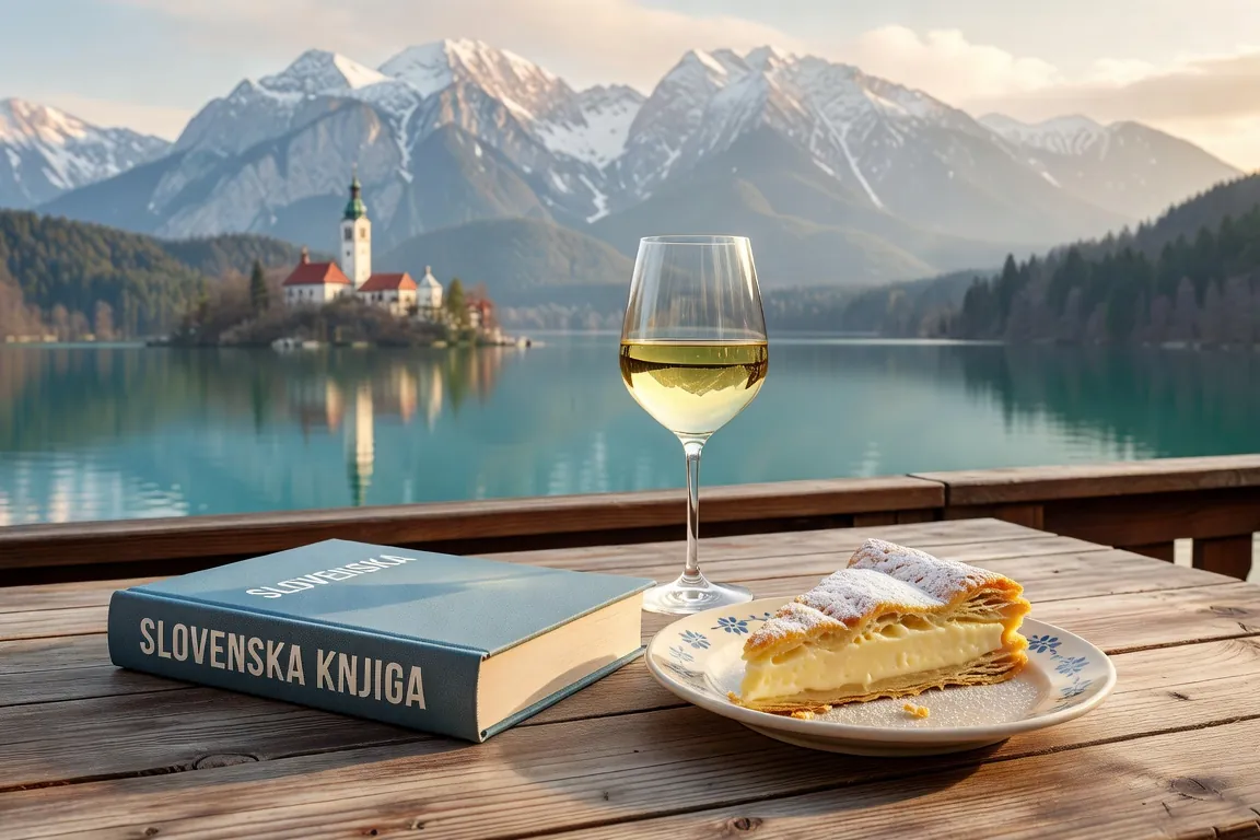 Apprendre le slovène : Lac de Bled, manuel de slovenščina et carnet de vocabulaire ouvert sur une table en bois