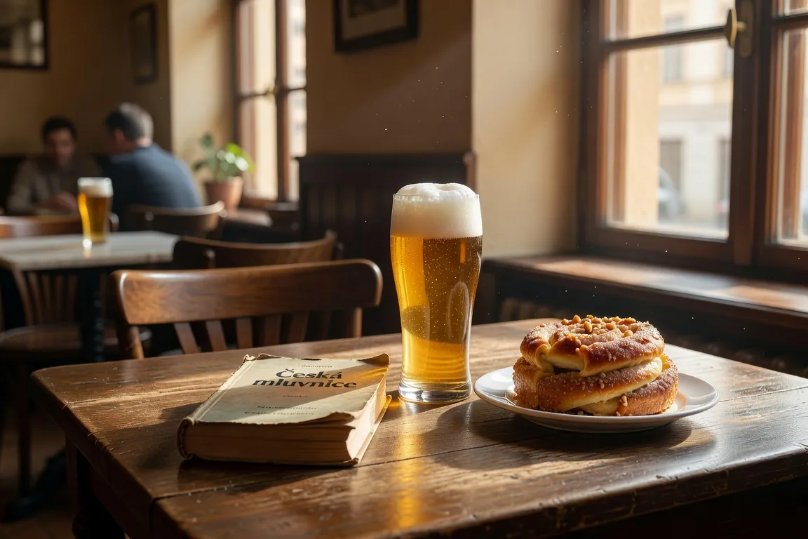 Carnet de vocabulaire tchèque ouvert sur une table en bois avec une tasse de café et un livre de Kundera
