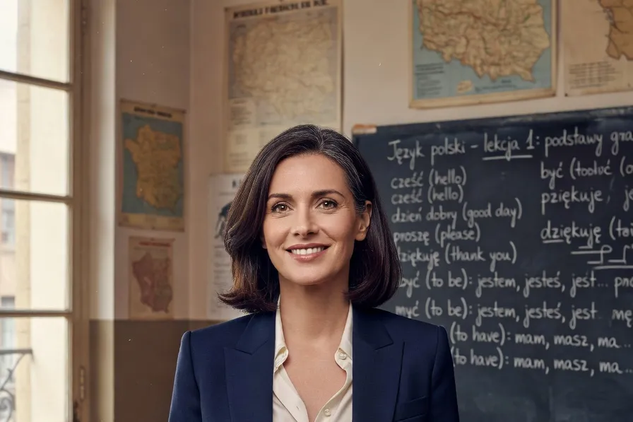 Monika Zawadzki, professeure de polonais à Paris devant un tableau avec des notes de cours