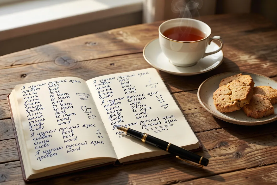 Carnet de vocabulaire ouvert avec stylo et tasse de thé