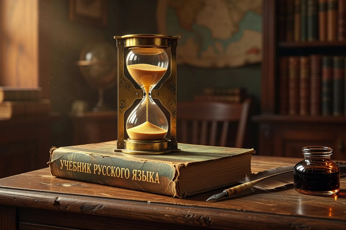 Sablier antique posé sur un livre de grammaire