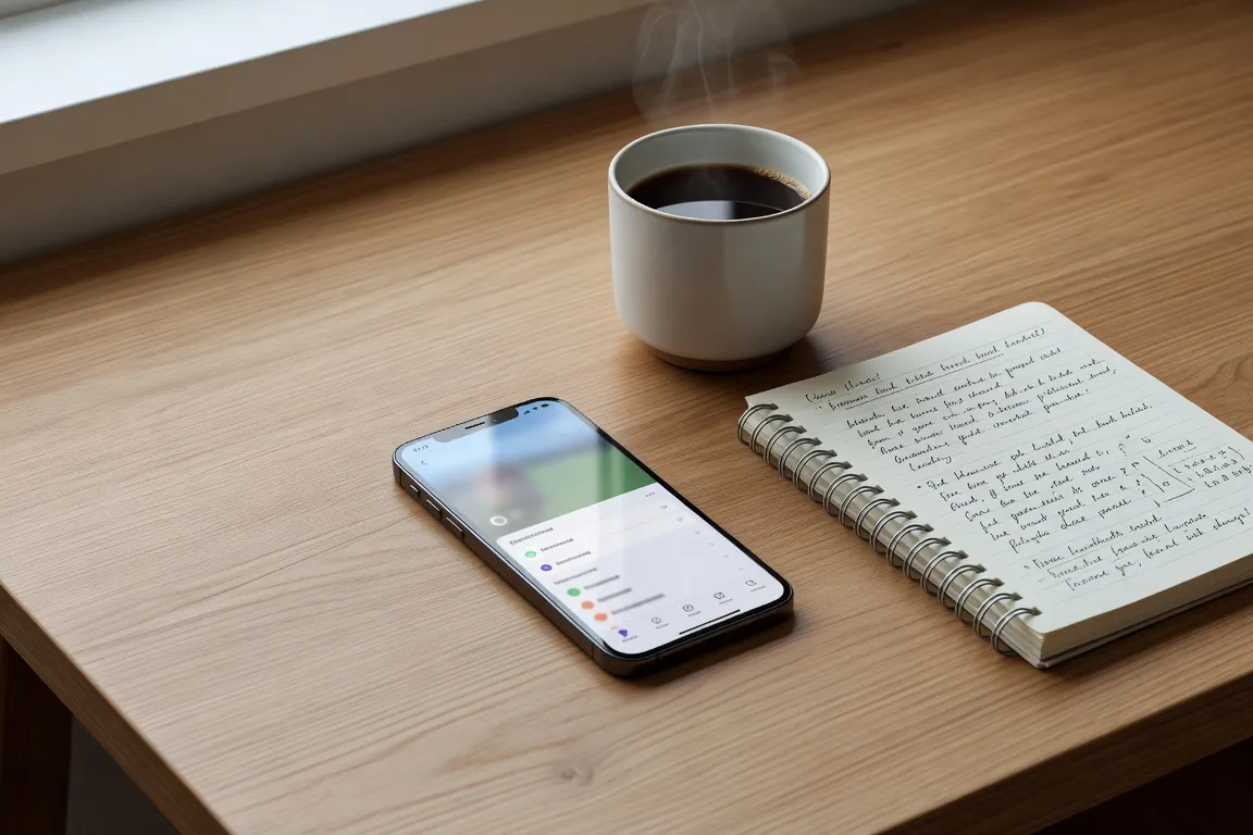 Smartphone posé sur un carnet ouvert avec applications d'apprentissage de langues