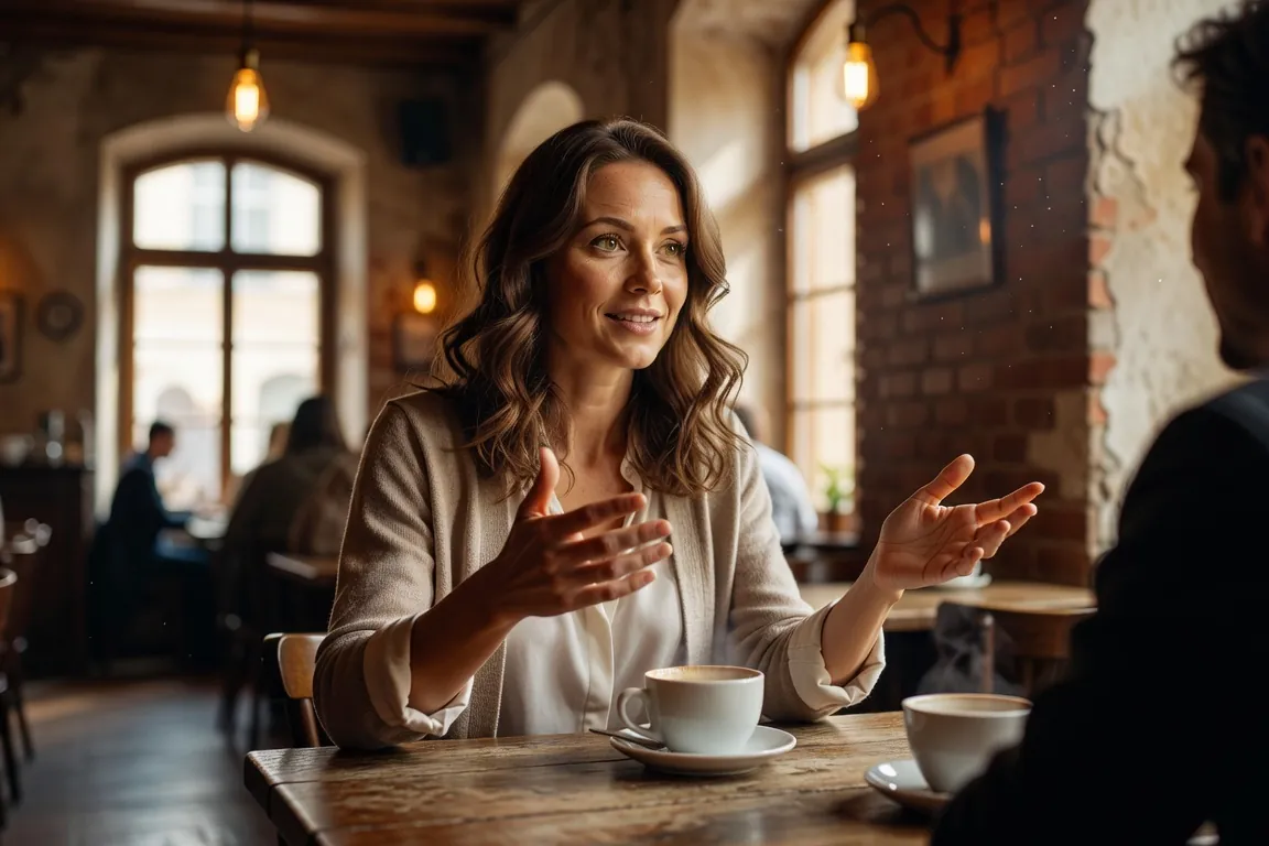 Personne en pleine conversation orale dans un café d'Europe de l'Est, carnet ouvert sur la table