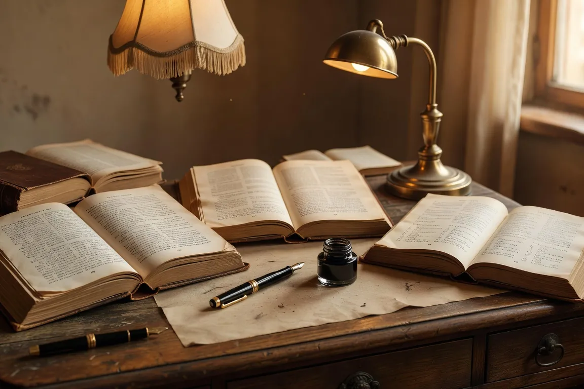 Bureau d'étude polyglotte avec manuels de russe, polonais, hongrois et roumain