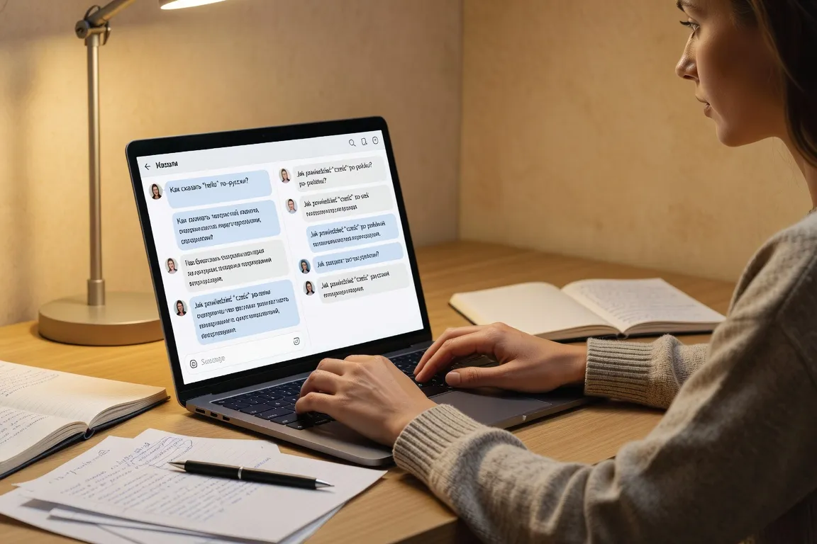 Personne qui étudie le russe et le polonais avec une interface IA sur son ordinateur