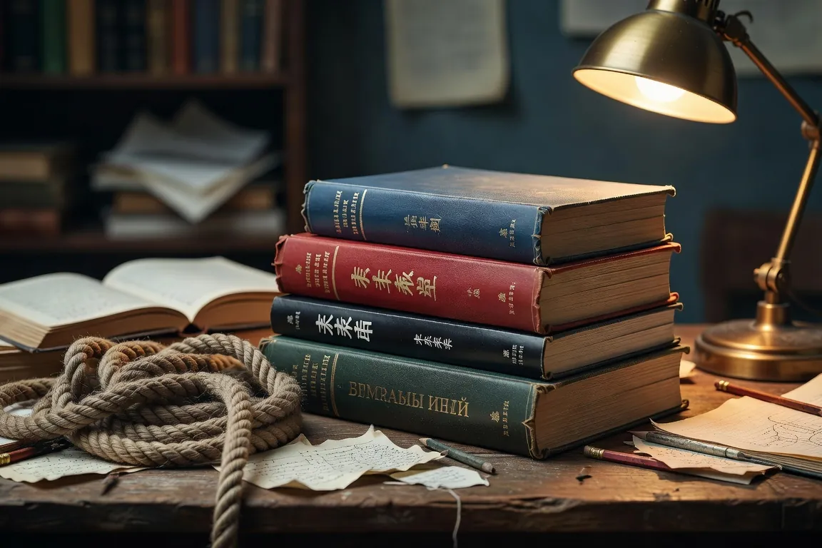 Carnet ouvert avec idéogrammes chinois, alphabet cyrillique et caractères arabes calligraphiés à la plume