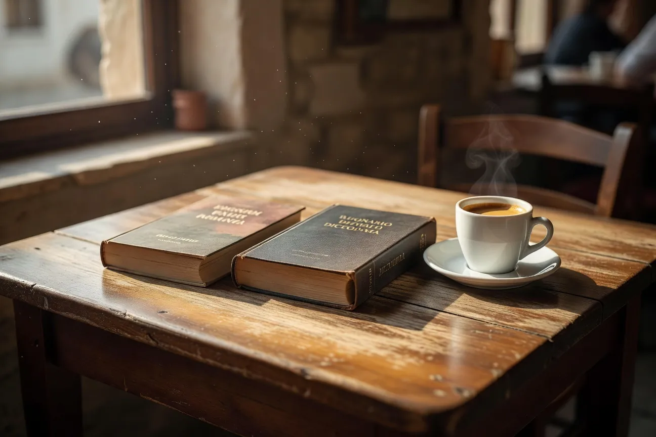 Drapeaux et carnets de langues romanes et germaniques posés sur une table de bois